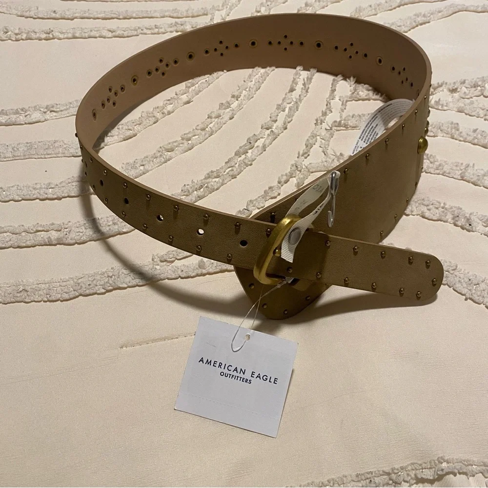 American Eagle Outfitters Tan Studded Waist Belt with Gold Buckle S